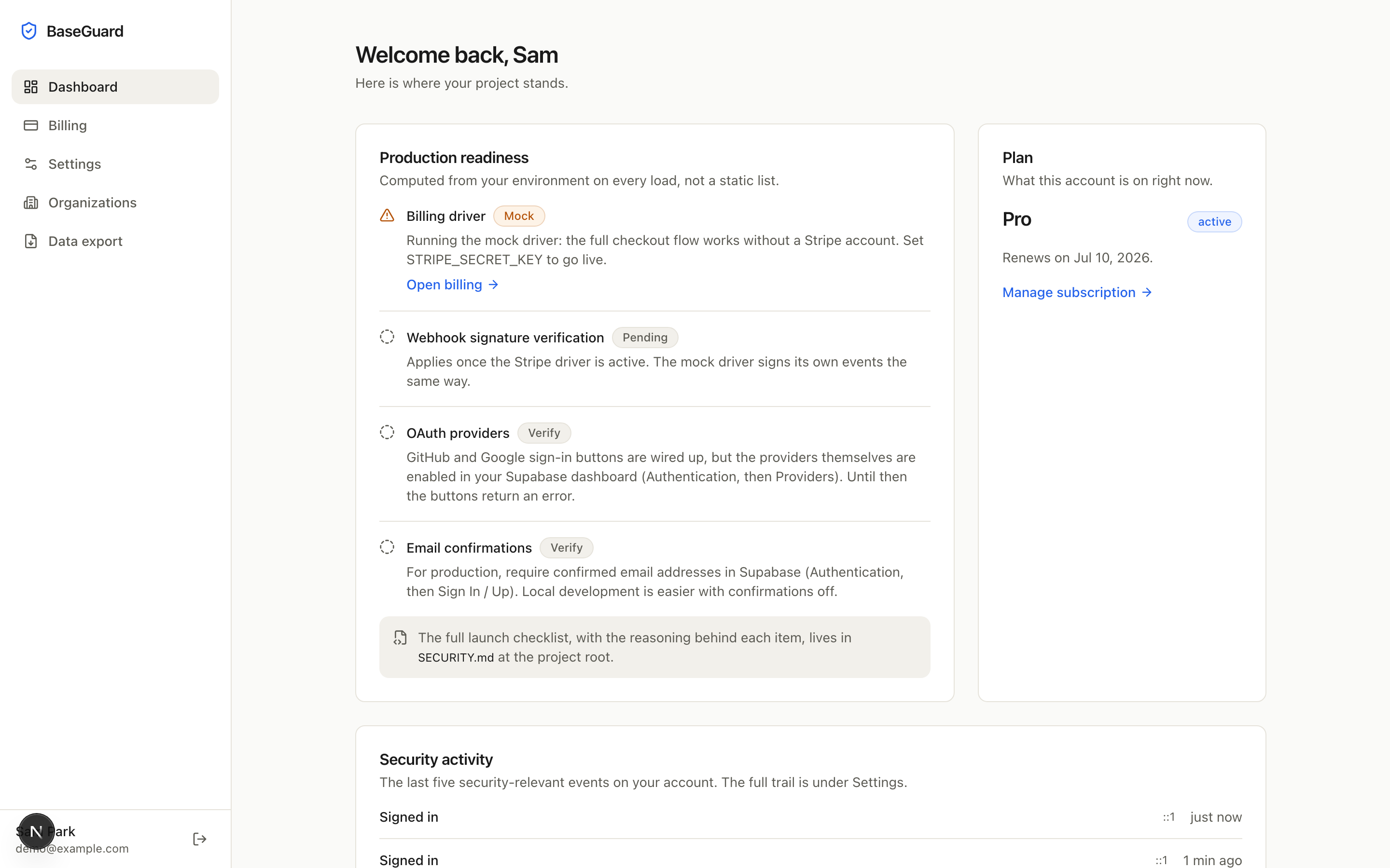 BaseGuard dashboard: signed-in user view with subscription status