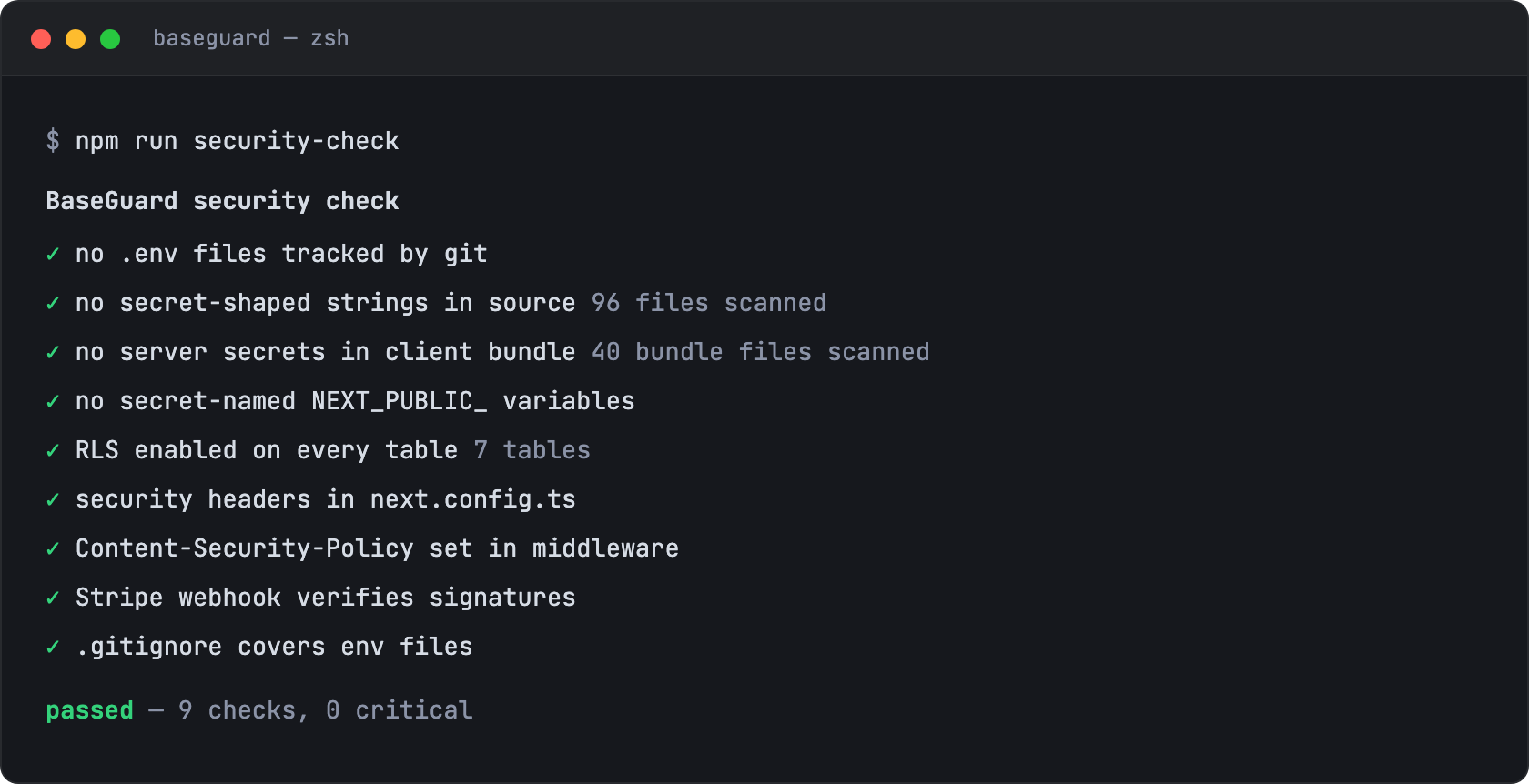 Real terminal output of the security-check script with all nine checks passing